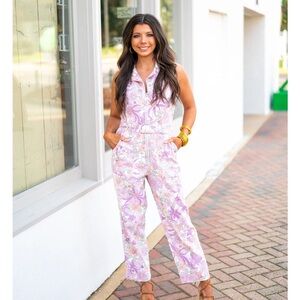 Women’s Lavender and White Floral Utility Jumpsuit Size Large Denim Feel